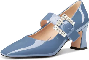 NobleOnly Mary Jane Shoes Womens Mid Chunky Block Heel Ankle Strap Dress Pumps Close Square Toe Pumps Rhinestone Buckle 2.8 Inches Heels