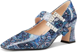 NobleOnly Mary Jane Shoes Womens Mid Chunky Block Heel Ankle Strap Dress Pumps Close Square Toe Pumps Rhinestone Buckle 2.8 Inches Heels
