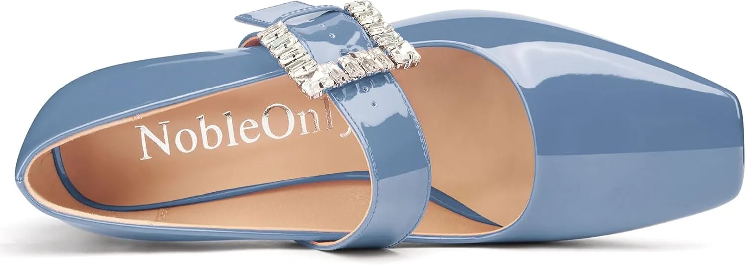 NobleOnly Mary Jane Shoes Womens Mid Chunky Block Heel Ankle Strap Dress Pumps Close Square Toe Pumps Rhinestone Buckle 2.8 Inches Heels