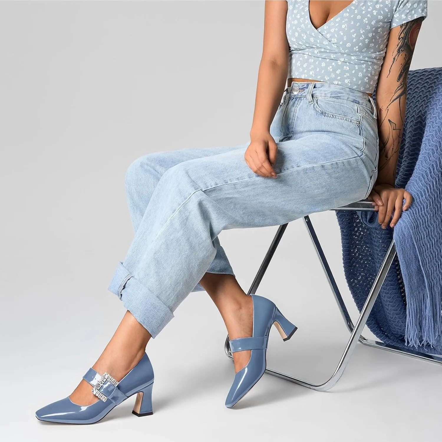NobleOnly Mary Jane Shoes Womens Mid Chunky Block Heel Ankle Strap Dress Pumps Close Square Toe Pumps Rhinestone Buckle 2.8 Inches Heels