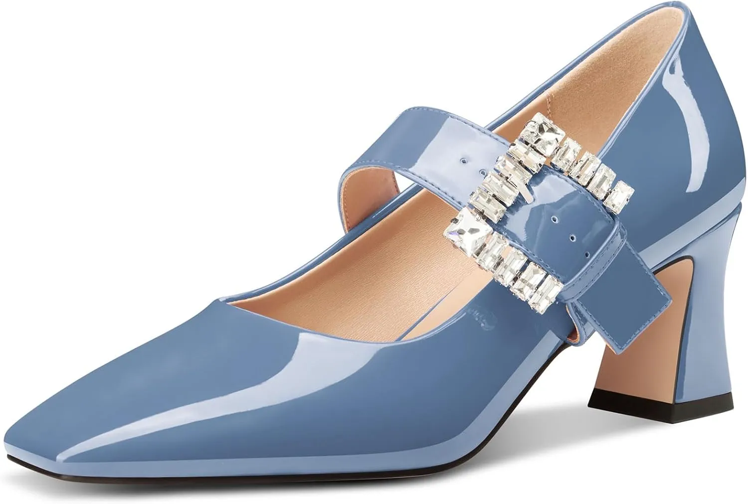 NobleOnly Mary Jane Shoes Womens Mid Chunky Block Heel Ankle Strap Dress Pumps Close Square Toe Pumps Rhinestone Buckle 2.8 Inches Heels