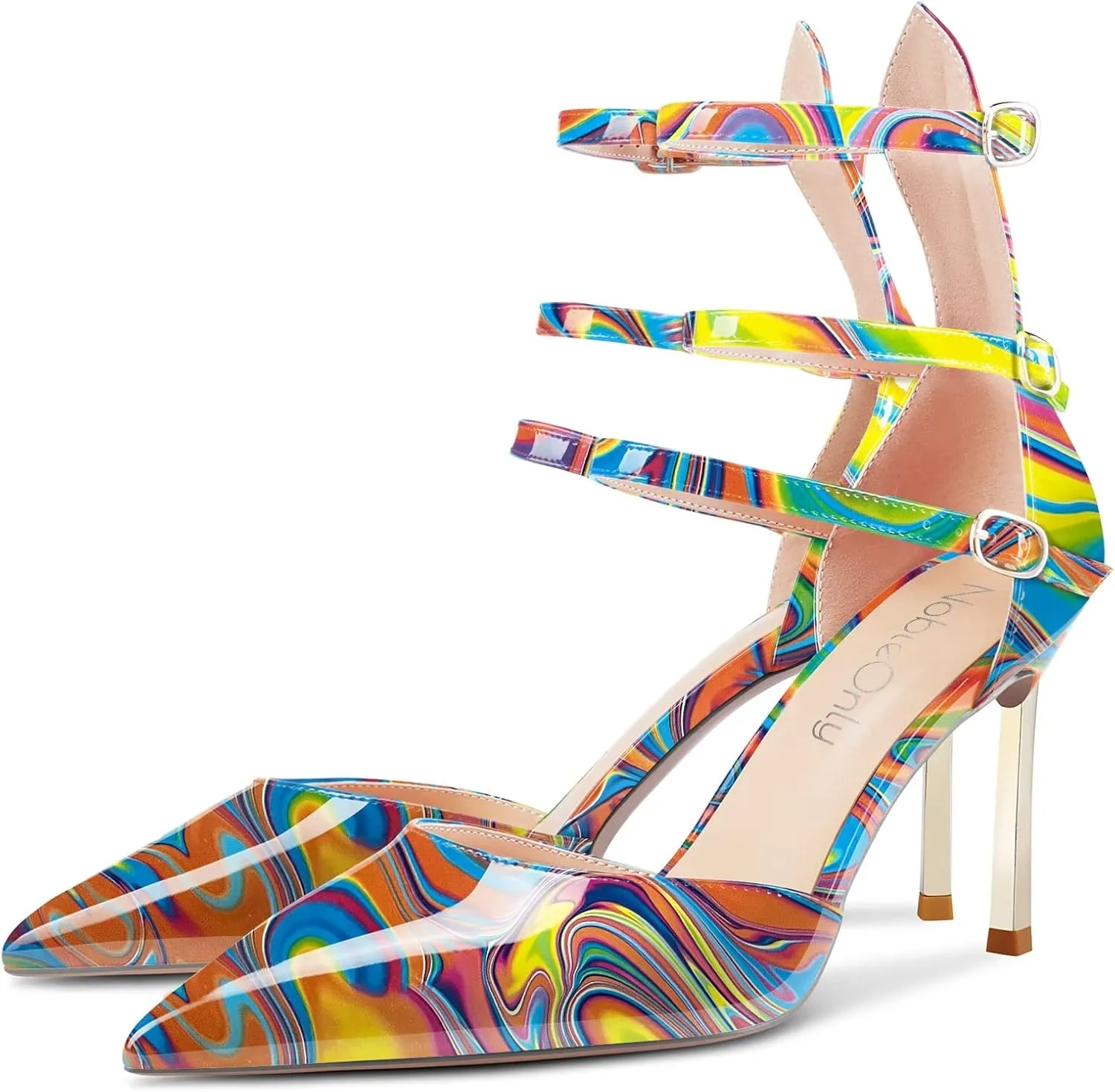 NobleOnly Women High Heel Pointed Toe Two-Piece Ankle Strap Pumps Buckle Prom Casual Sexy Dress Shoes 3.3 Inches Heels