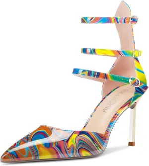 NobleOnly Women High Heel Pointed Toe Two-Piece Ankle Strap Pumps Buckle Prom Casual Sexy Dress Shoes 3.3 Inches Heels
