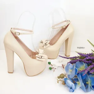 Nude Cream Bridal Ribbon Chunky Platform Shoes