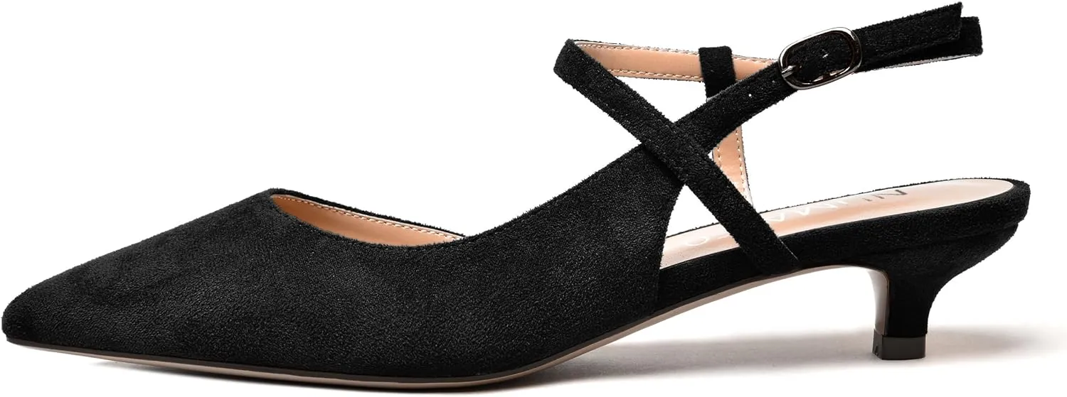 NUMALEO Womens Dress Suede Fashion Ankle Strap Pointed Toe Wedding Buckle Kitten Low Heel Pumps Shoes 1.5 Inch