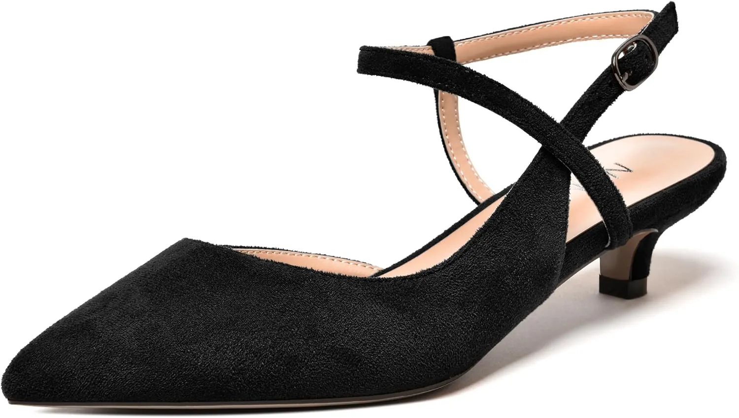 NUMALEO Womens Dress Suede Fashion Ankle Strap Pointed Toe Wedding Buckle Kitten Low Heel Pumps Shoes 1.5 Inch