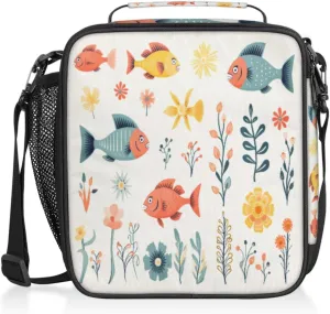Ocean Fishes Lunch Bags for Women Men Underwater Seaweed Insulated Lunch Box Lunchbox Cooler Tote Bag Shoulder Strap Reusable for Beach Travel Picnic