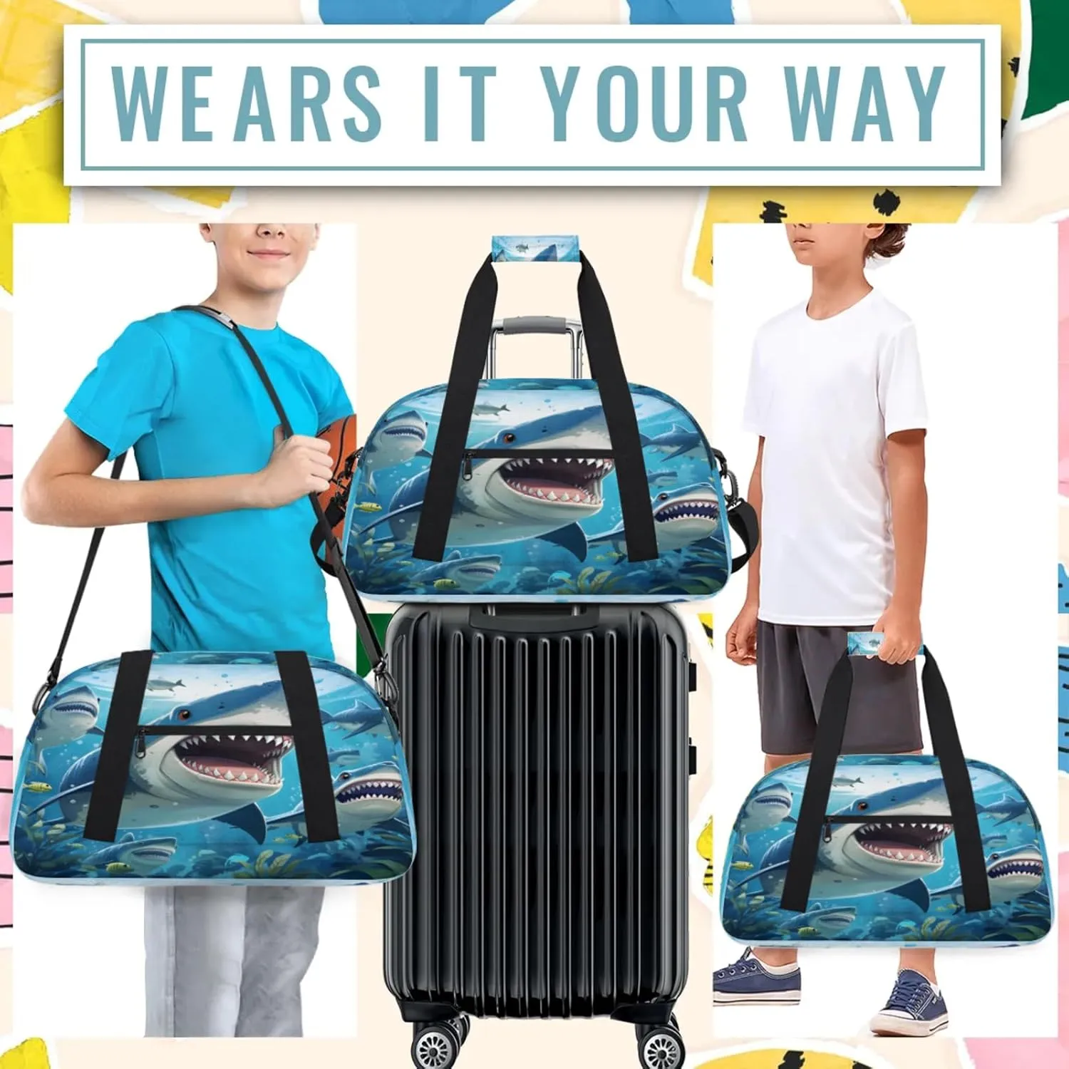 Ocean Shark Small Gym Bag 18 inch Carry On Duffel Bag for Weekender Travel Sports Workout Yoga Gymnastics Dance Ballet