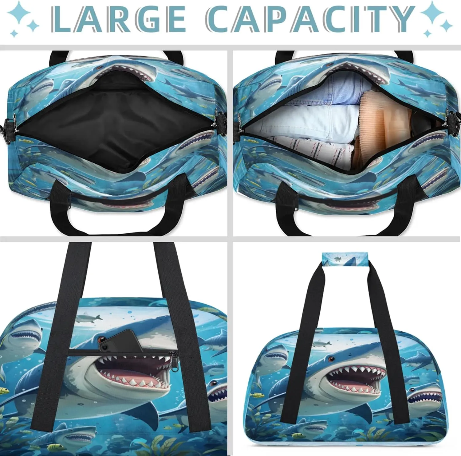 Ocean Shark Small Gym Bag 18 inch Carry On Duffel Bag for Weekender Travel Sports Workout Yoga Gymnastics Dance Ballet