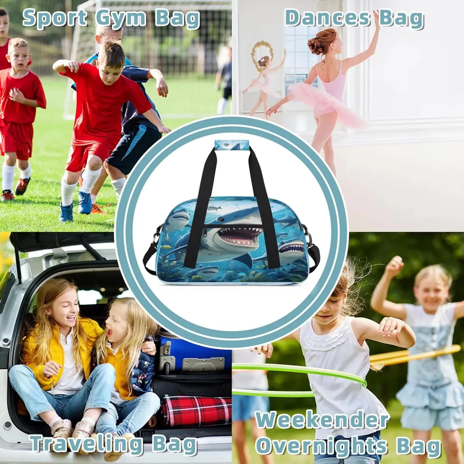 Ocean Shark Small Gym Bag 18 inch Carry On Duffel Bag for Weekender Travel Sports Workout Yoga Gymnastics Dance Ballet
