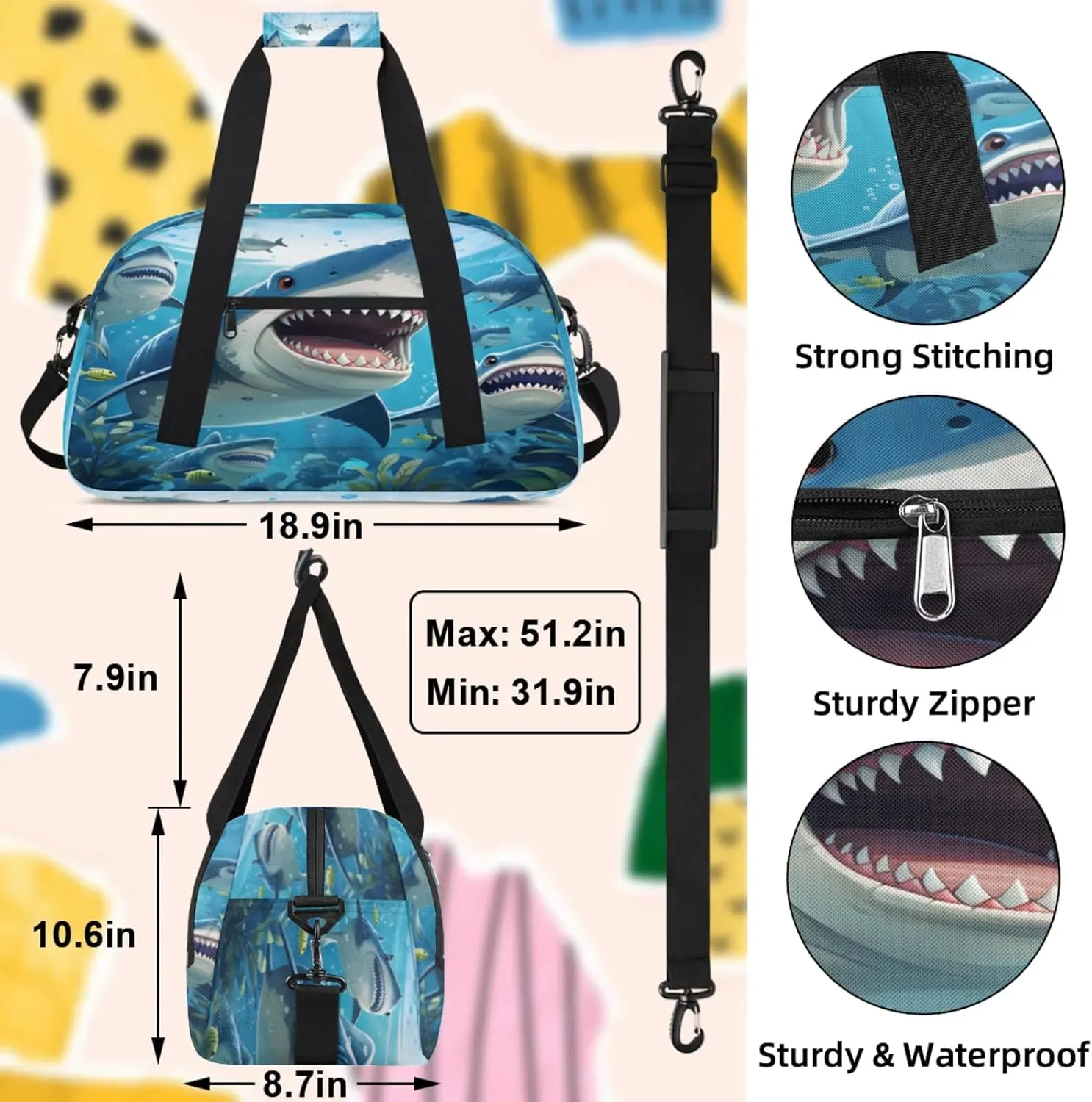 Ocean Shark Small Gym Bag 18 inch Carry On Duffel Bag for Weekender Travel Sports Workout Yoga Gymnastics Dance Ballet