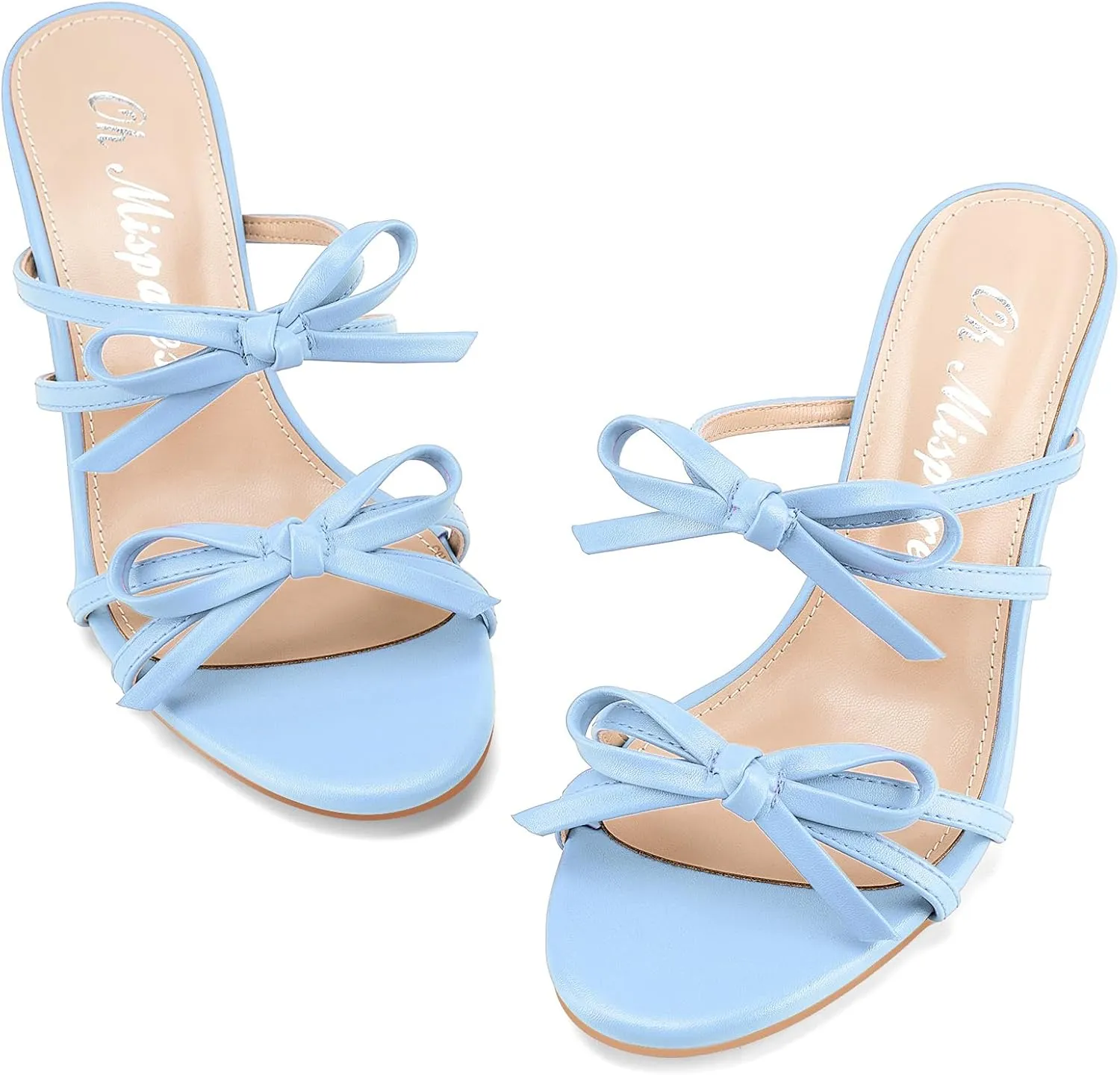 Oh Mispares Black Heels with Bow for Women Cute Sandals Round Open Toe Strappy Heeled Mules 2 Inch Elegant Heeled Stiletto Slides for Wedding Party Prom