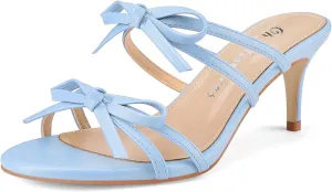 Oh Mispares Black Heels with Bow for Women Cute Sandals Round Open Toe Strappy Heeled Mules 2 Inch Elegant Heeled Stiletto Slides for Wedding Party Prom