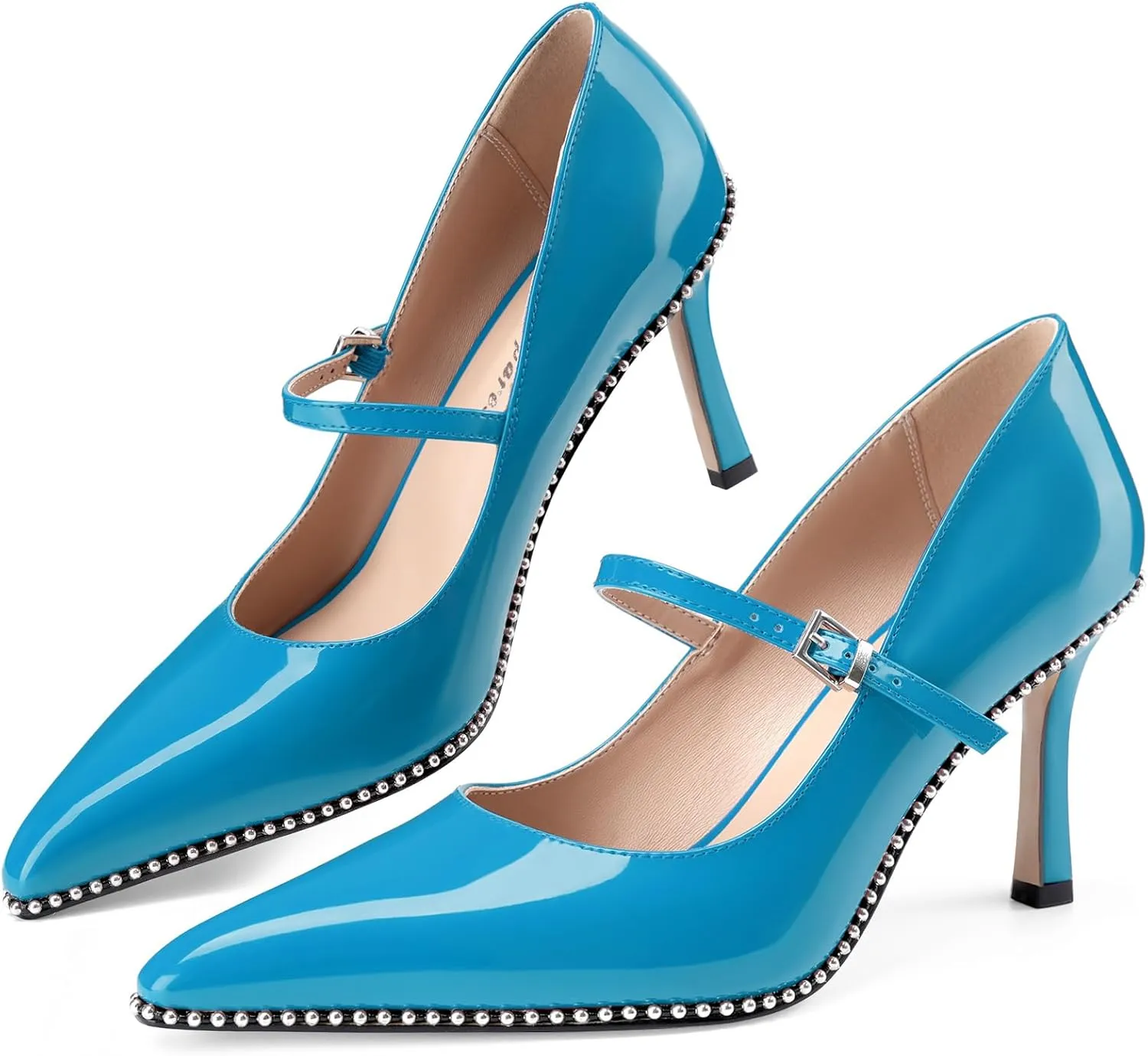 Oh Mispares Women's High Heel Beaded Pumps Stiletto High Heels Pointed Toe Mary Jane Pumps Slip On Sexy Heeled Dress Shoes with Buckle Strap Patent Leather 3.5 Inch