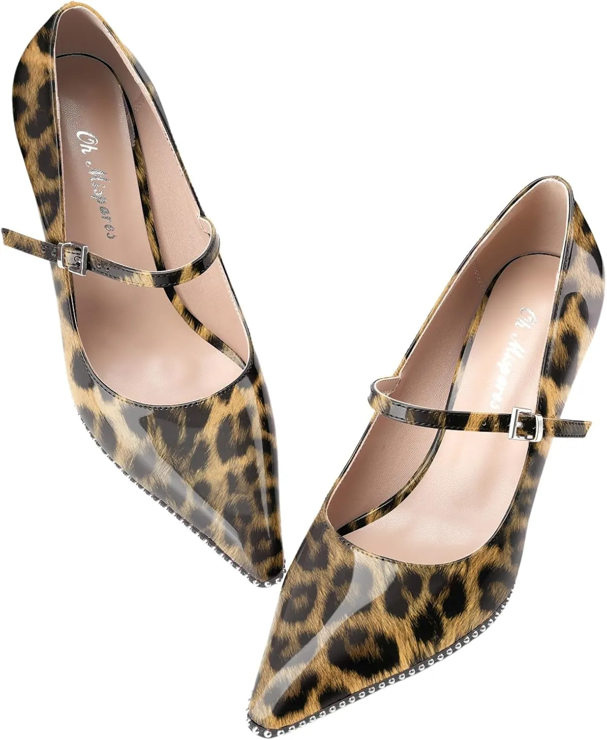 Oh Mispares Women's High Heel Beaded Pumps Stiletto High Heels Pointed Toe Mary Jane Pumps Slip On Sexy Heeled Dress Shoes with Buckle Strap Patent Leather 3.5 Inch