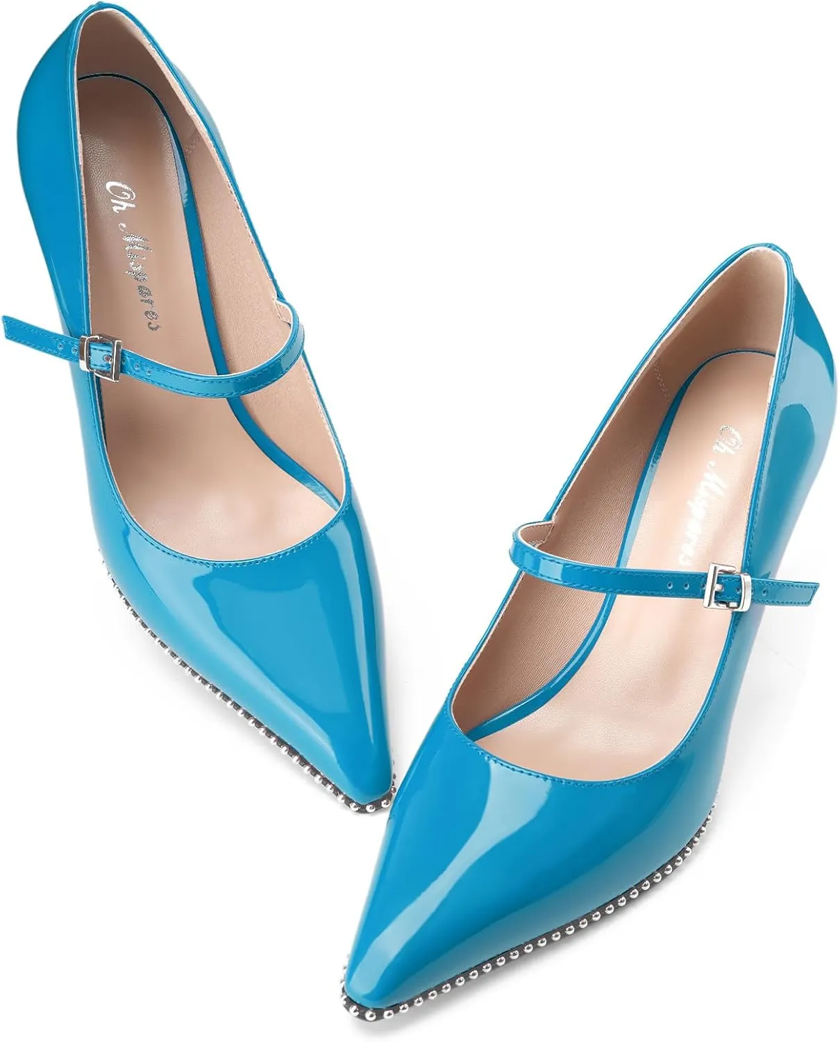 Oh Mispares Women's High Heel Beaded Pumps Stiletto High Heels Pointed Toe Mary Jane Pumps Slip On Sexy Heeled Dress Shoes with Buckle Strap Patent Leather 3.5 Inch