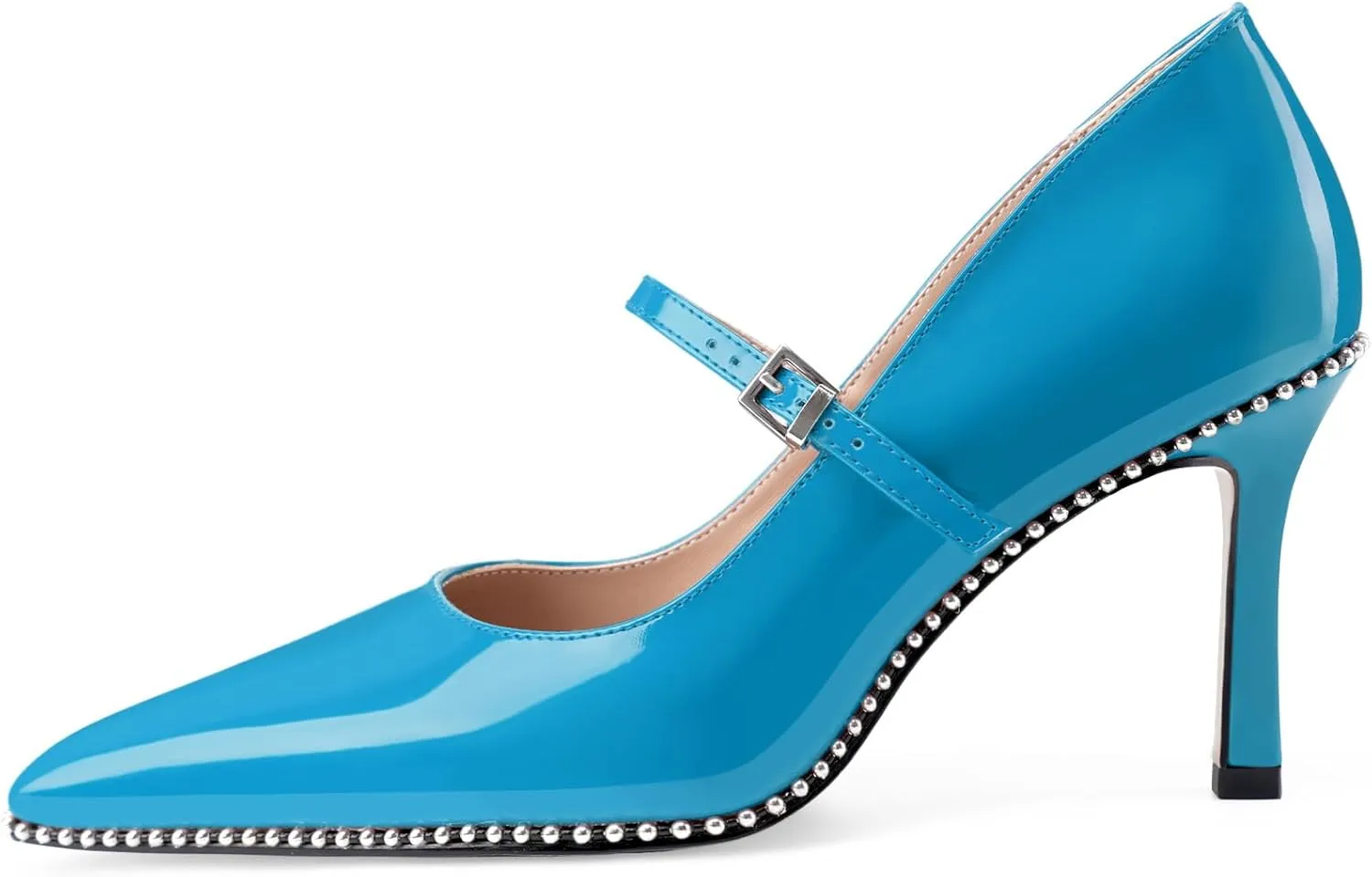 Oh Mispares Women's High Heel Beaded Pumps Stiletto High Heels Pointed Toe Mary Jane Pumps Slip On Sexy Heeled Dress Shoes with Buckle Strap Patent Leather 3.5 Inch