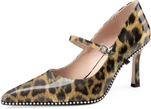 Oh Mispares Women's High Heel Beaded Pumps Stiletto High Heels Pointed Toe Mary Jane Pumps Slip On Sexy Heeled Dress Shoes with Buckle Strap Patent Leather 3.5 Inch