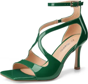 Oh Mispares Women’s Stiletto Heel Sandals Square Open Toe Strappy High Heels Ankle Strap Buckle 3.5 Inch Summer Dress Shoes for Party Wedding Prom