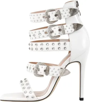 onlymaker Square Toe Rhinestone Beaded Zip up Stiletto Heeled Sandals for Women Multi Rivet Studded Buckle Bands Summer Sandals