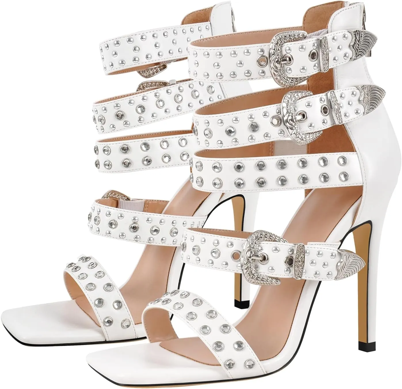 onlymaker Square Toe Rhinestone Beaded Zip up Stiletto Heeled Sandals for Women Multi Rivet Studded Buckle Bands Summer Sandals