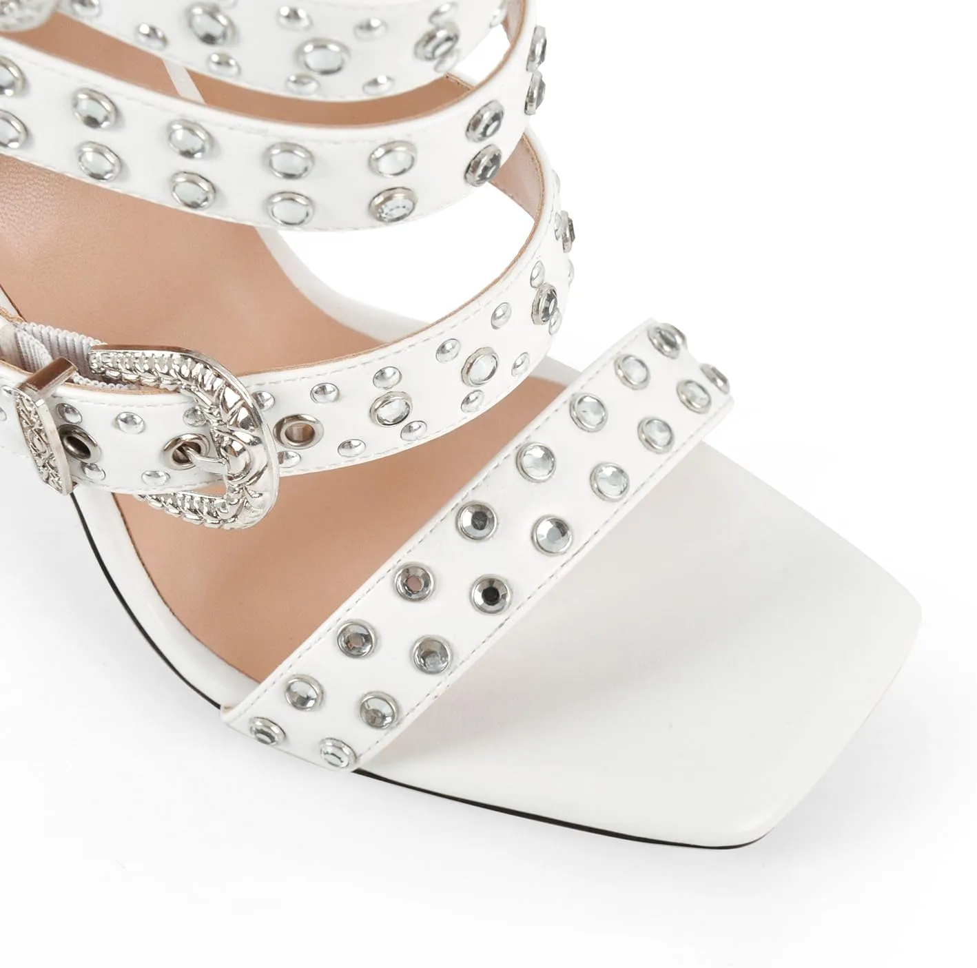 onlymaker Square Toe Rhinestone Beaded Zip up Stiletto Heeled Sandals for Women Multi Rivet Studded Buckle Bands Summer Sandals