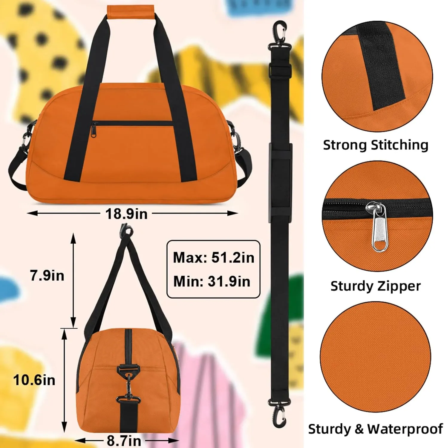 Orange Small Gym Bag 18 inch Carry On Duffel Bag for Weekender Travel Sports Workout Yoga Gymnastics Dance Ballet