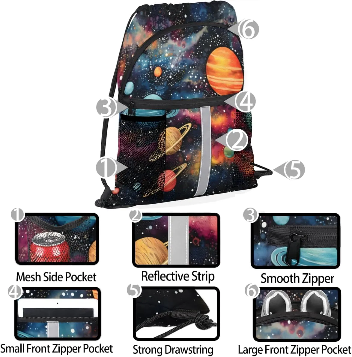 Outer Space Drawstring Backpack with Water Bottle Pocket Lightweight String Bag Solar System Universe Sports Gym Swim Sackpack for Men Women