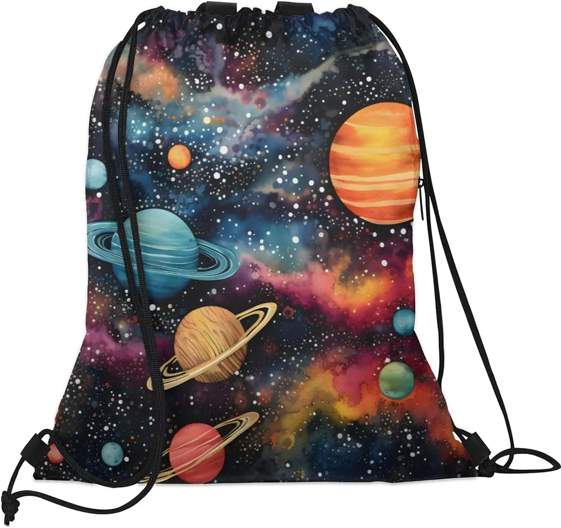 Outer Space Drawstring Backpack with Water Bottle Pocket Lightweight String Bag Solar System Universe Sports Gym Swim Sackpack for Men Women