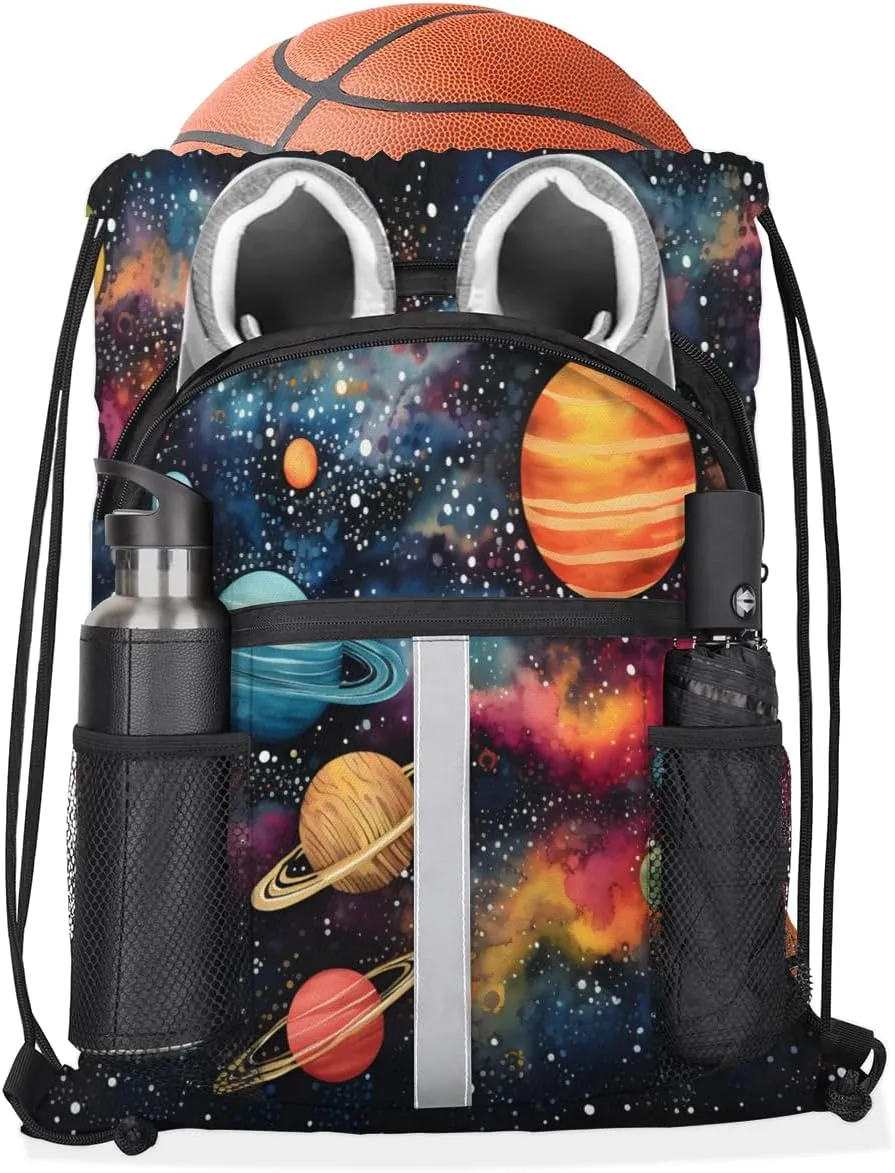 Outer Space Drawstring Backpack with Water Bottle Pocket Lightweight String Bag Solar System Universe Sports Gym Swim Sackpack for Men Women