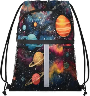 Outer Space Drawstring Backpack with Water Bottle Pocket Lightweight String Bag Solar System Universe Sports Gym Swim Sackpack for Men Women