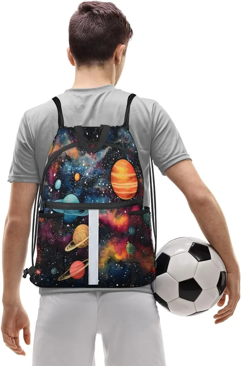 Outer Space Drawstring Backpack with Water Bottle Pocket Lightweight String Bag Solar System Universe Sports Gym Swim Sackpack for Men Women