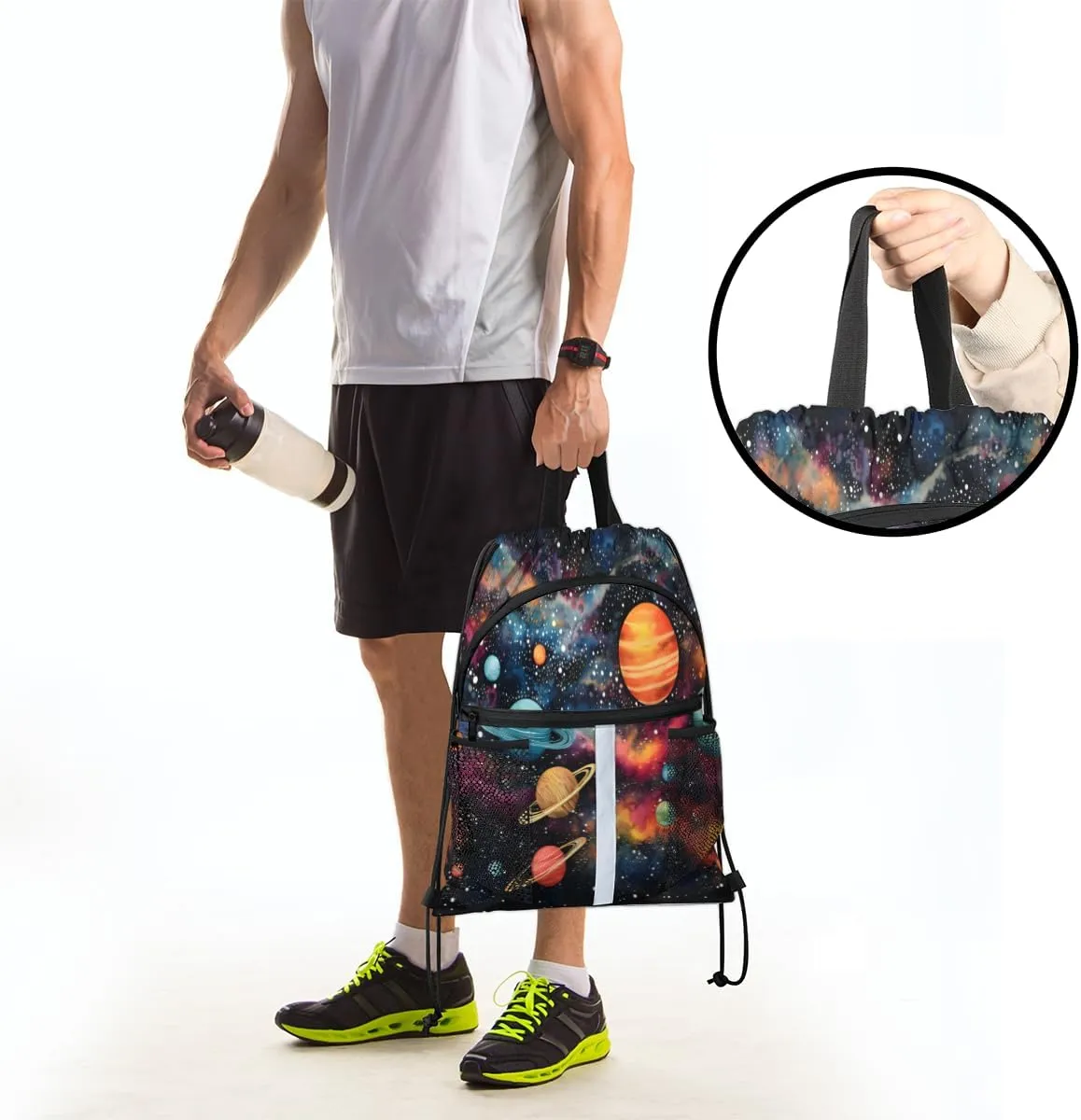 Outer Space Drawstring Backpack with Water Bottle Pocket Lightweight String Bag Solar System Universe Sports Gym Swim Sackpack for Men Women