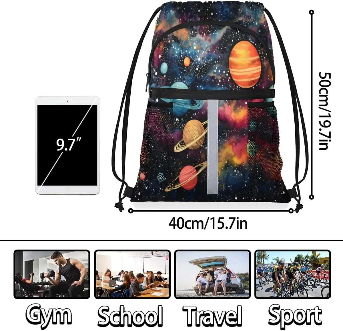 Outer Space Drawstring Backpack with Water Bottle Pocket Lightweight String Bag Solar System Universe Sports Gym Swim Sackpack for Men Women