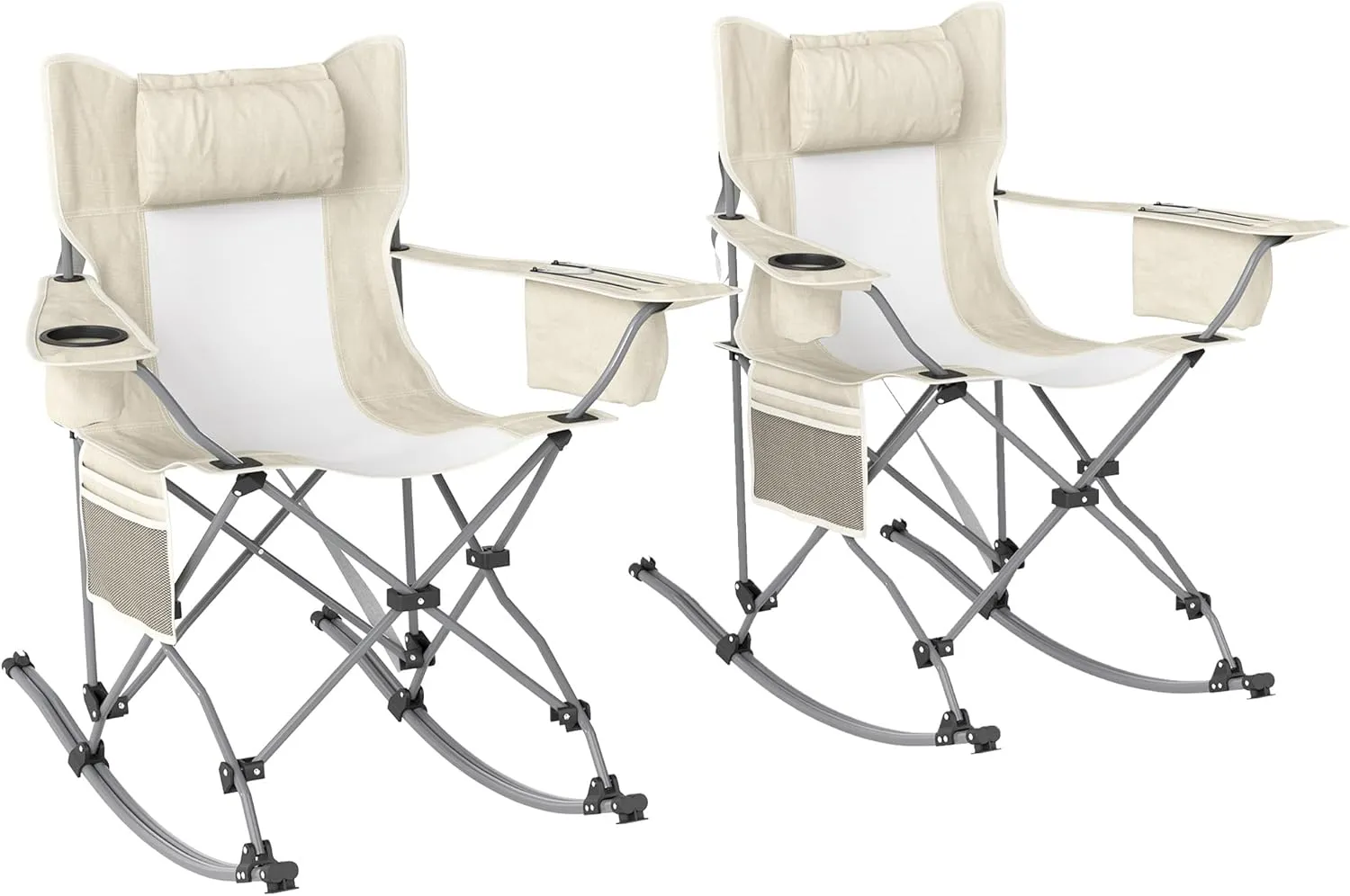 Outsunny Folding Rocking Camping Chairs for Adults, Portable Outdoor Rocking Chairs with Headrest, Cooler Bag, Cup Holder, Carry Bag for Picnic Outside and Outdoor Travel, 2 Pack, Cream