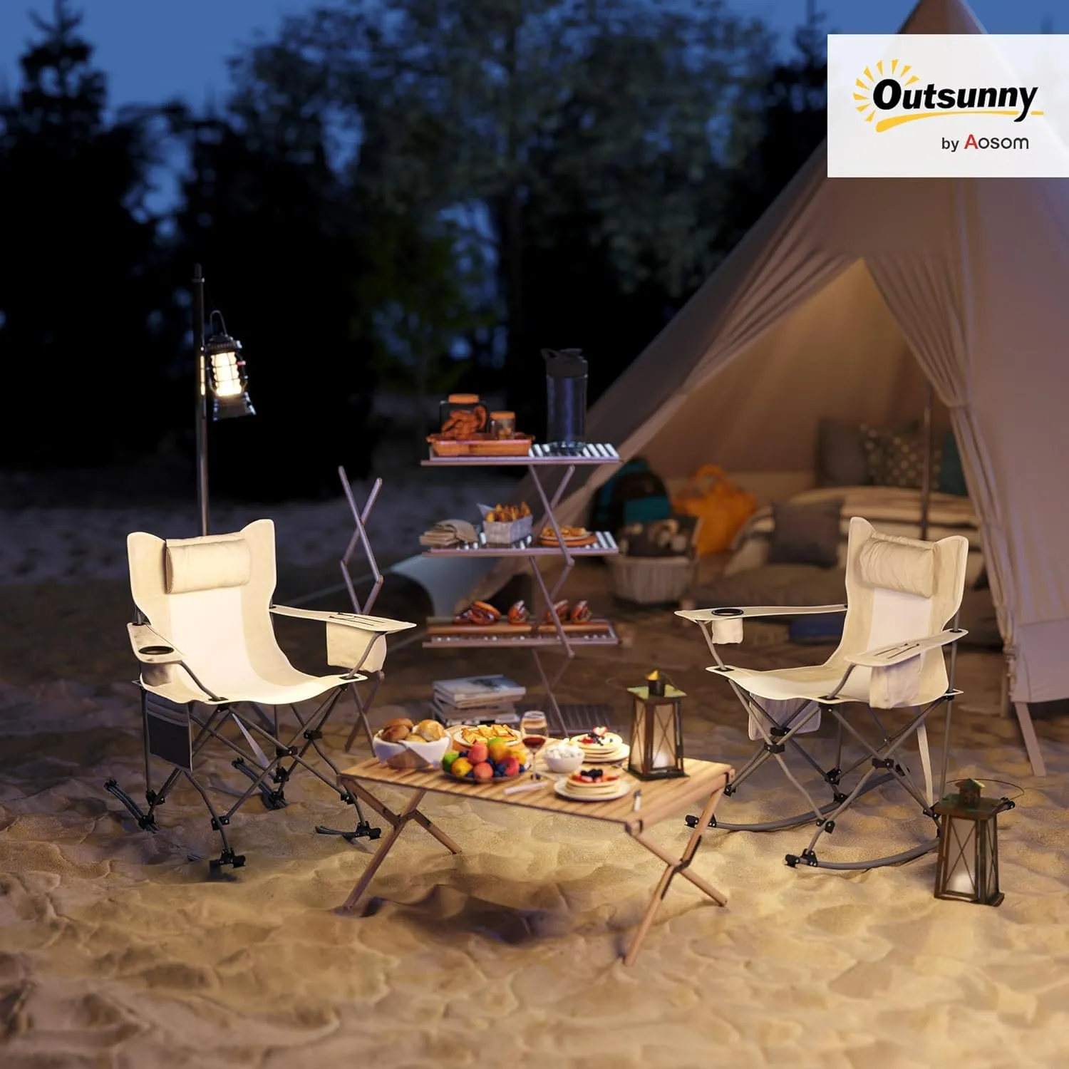 Outsunny Folding Rocking Camping Chairs for Adults, Portable Outdoor Rocking Chairs with Headrest, Cooler Bag, Cup Holder, Carry Bag for Picnic Outside and Outdoor Travel, 2 Pack, Cream
