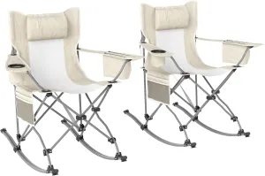 Outsunny Folding Rocking Camping Chairs for Adults, Portable Outdoor Rocking Chairs with Headrest, Cooler Bag, Cup Holder, Carry Bag for Picnic Outside and Outdoor Travel, 2 Pack, Cream