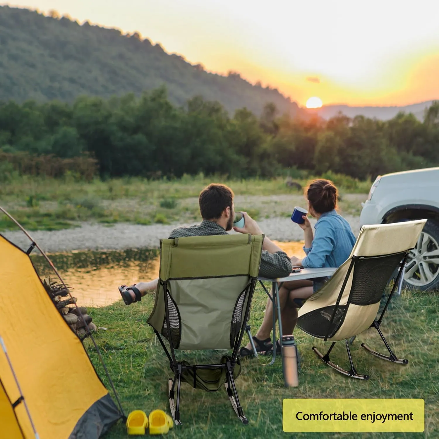 Oversized Folding Rocking Camping Chair, High Back Portable Lawn Recliner with Headrest, Fully Padded Outdoor Patio Chair with Storage Pocket, Full Steel Frame, Supports 400 Lbs