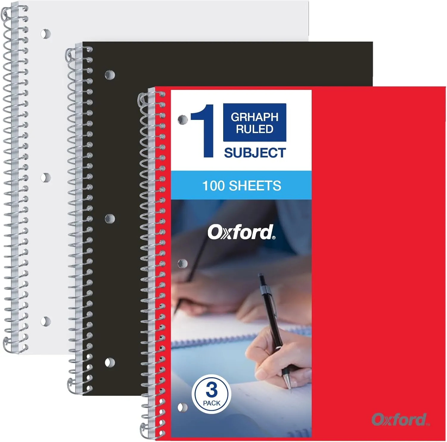 Oxford 1-Subject Graph Notebook - Pack of 3 Quad Ruled (4 X 4) - 8.5 x 11 Grid Paper Notebook - Black Red, And White Covers, 100 Perforated Sheets