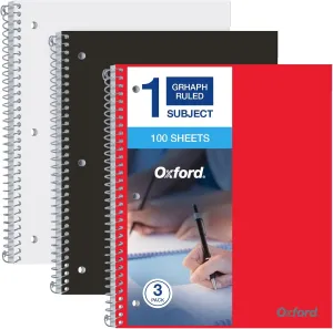 Oxford 1-Subject Graph Notebook - Pack of 3 Quad Ruled (4 X 4) - 8.5 x 11 Grid Paper Notebook - Black Red, And White Covers, 100 Perforated Sheets