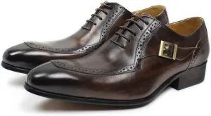 Oxford Dress Shoes for Men Lace Up Split Toe Monk Strap Pointed Toe Cowhide Low Top Anti-Slip Rubber Sole Block Heel Prom (Color : Brown, Size : 10)