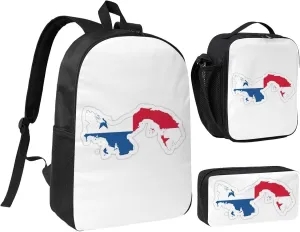 Panama Flag Map print Backpack 3pcs Set Including 17 Inch Large BookBag With Lunch Bag And Practical Pen Bag