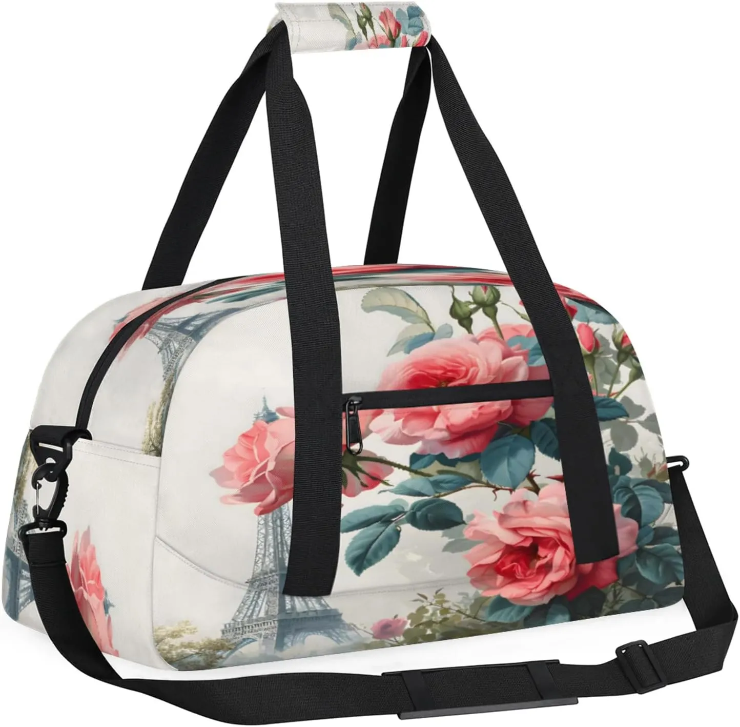 Paris Eiffel Tower Rose Flowers Small Gym Bag 18 inch Carry On Duffel Bag for Weekender Travel Sports Workout Yoga Gymnastics Dance Ballet