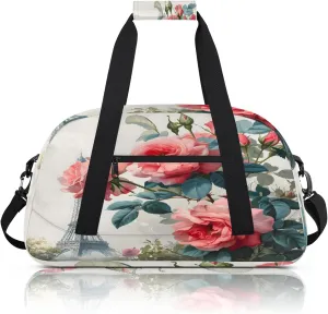 Paris Eiffel Tower Rose Flowers Small Gym Bag 18 inch Carry On Duffel Bag for Weekender Travel Sports Workout Yoga Gymnastics Dance Ballet