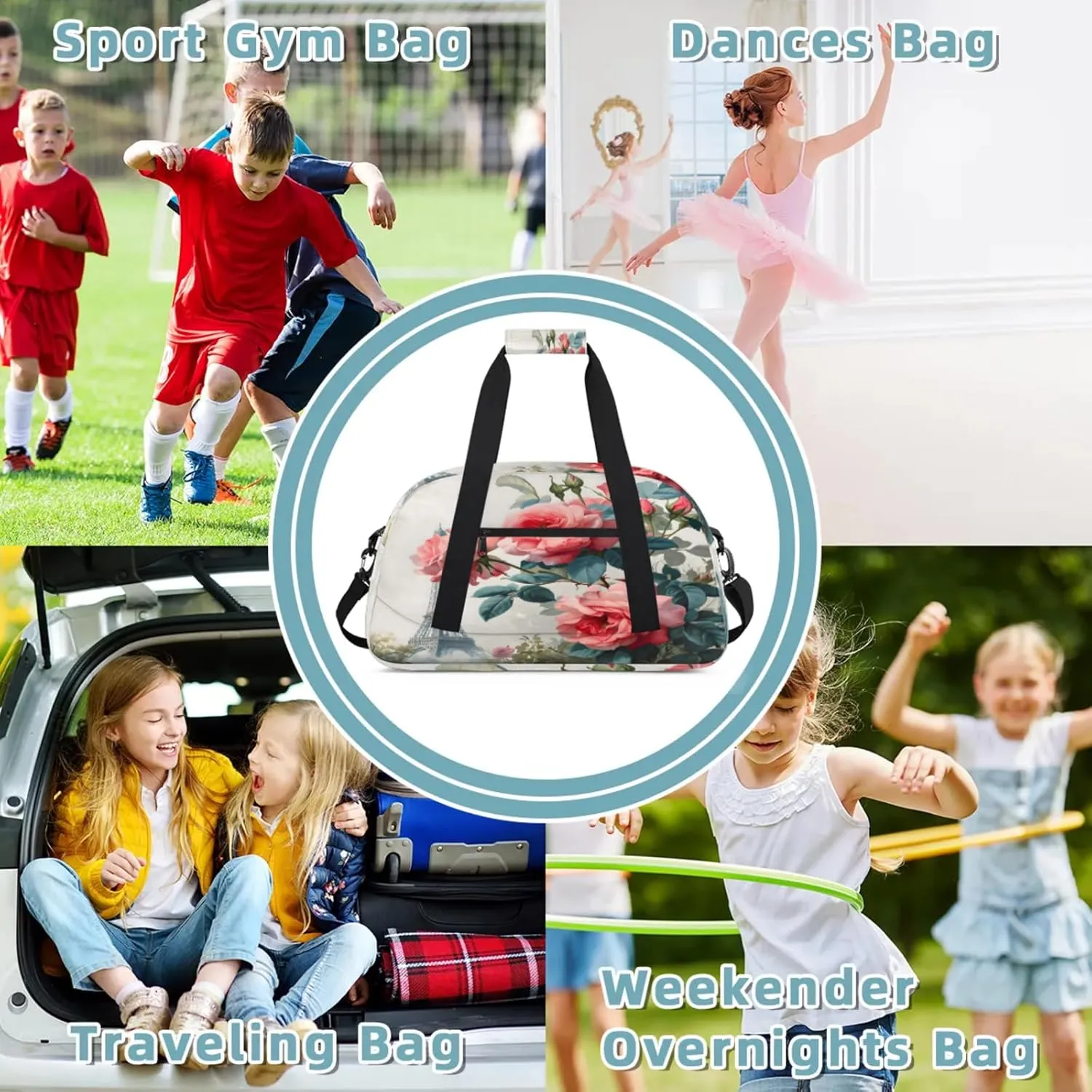Paris Eiffel Tower Rose Flowers Small Gym Bag 18 inch Carry On Duffel Bag for Weekender Travel Sports Workout Yoga Gymnastics Dance Ballet