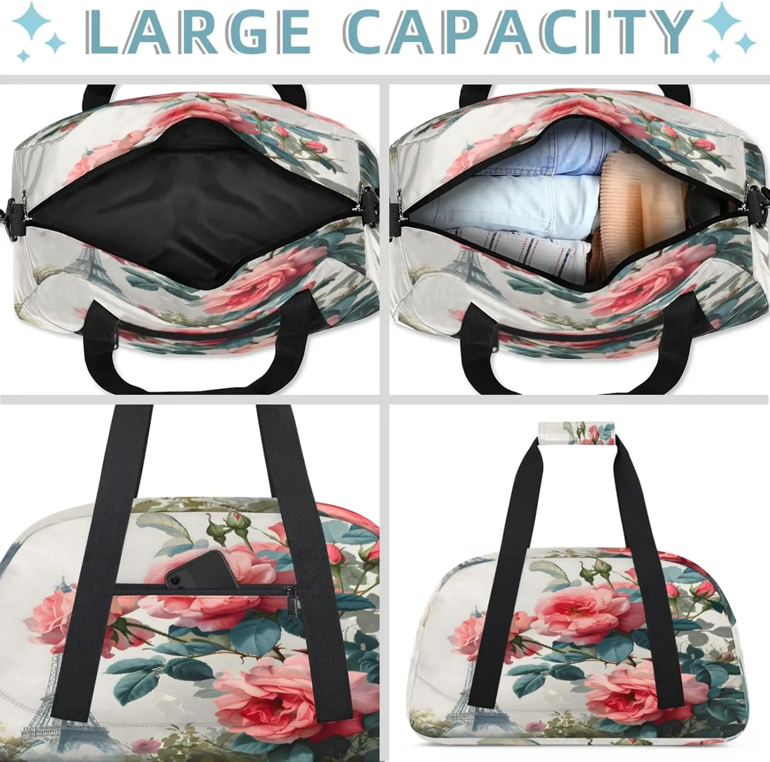 Paris Eiffel Tower Rose Flowers Small Gym Bag 18 inch Carry On Duffel Bag for Weekender Travel Sports Workout Yoga Gymnastics Dance Ballet