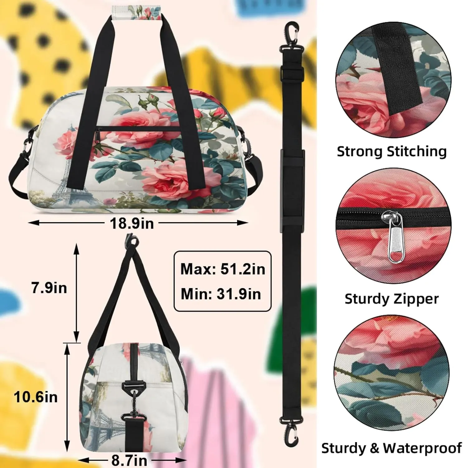 Paris Eiffel Tower Rose Flowers Small Gym Bag 18 inch Carry On Duffel Bag for Weekender Travel Sports Workout Yoga Gymnastics Dance Ballet