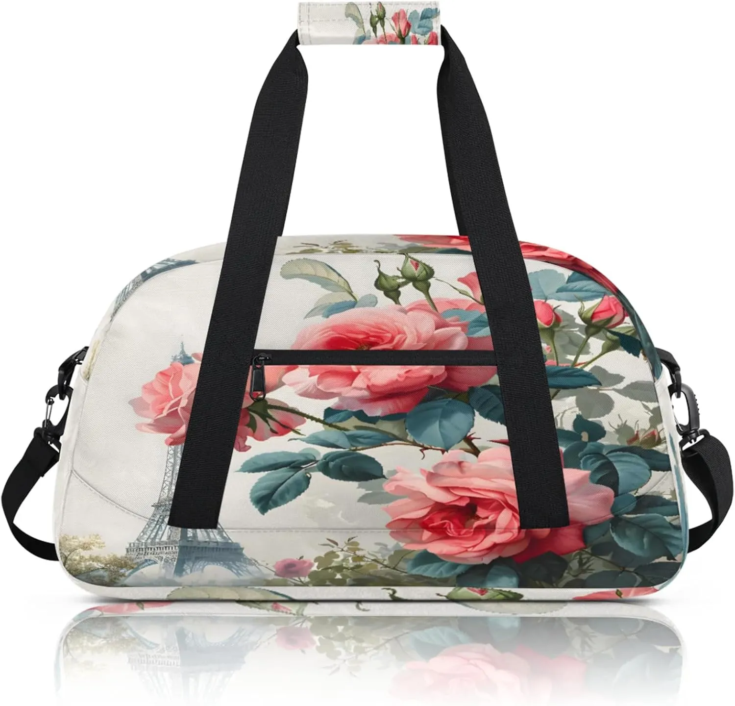 Paris Eiffel Tower Rose Flowers Small Gym Bag 18 inch Carry On Duffel Bag for Weekender Travel Sports Workout Yoga Gymnastics Dance Ballet