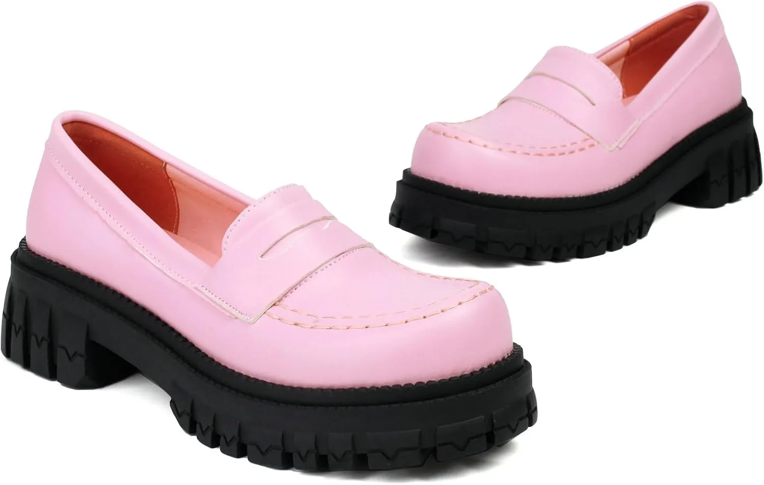Parisuit Platform Loafers for Women Chunky Heel Lug Sole Loafer Shoes Patent Leather Slip on Round Toe Pumps Business Casual Uniform Shoes
