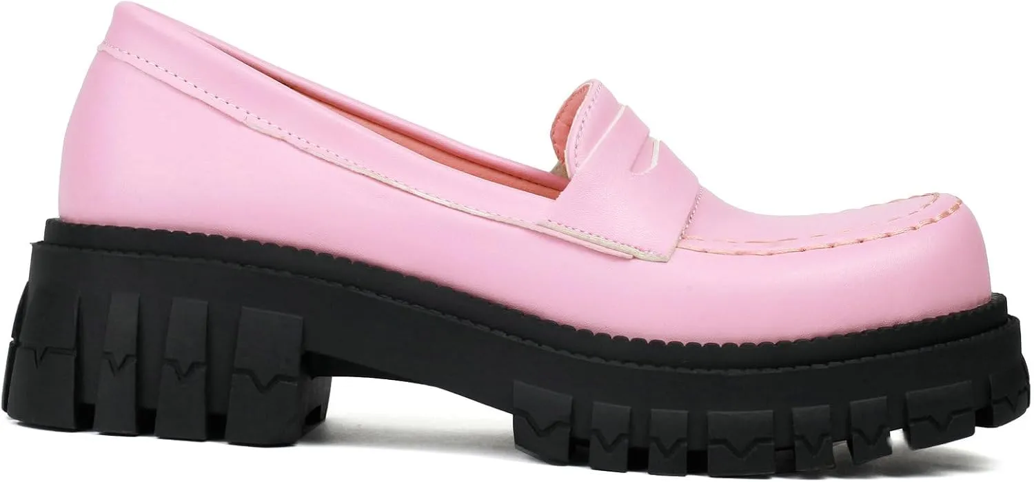 Parisuit Platform Loafers for Women Chunky Heel Lug Sole Loafer Shoes Patent Leather Slip on Round Toe Pumps Business Casual Uniform Shoes